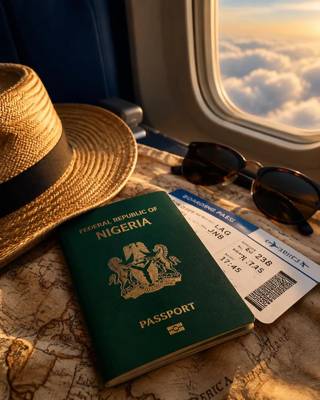 Nigerian passport and boarding pass on a map